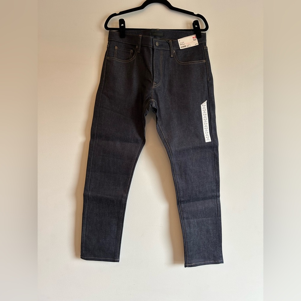 NWT Uniqlo jeans mens size 33x32 (ALTERED) slim straight denim dark wash blue